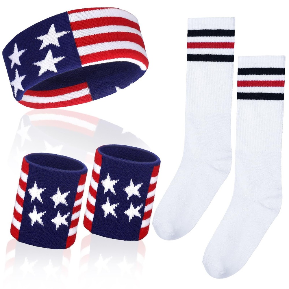 NWT Skylety 5 Pc USA Flag Sweatband Set Headband Wristbands & Tube Socks Unisex